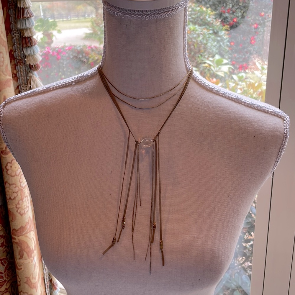 Tan leather and gold chain necklace w/clear stone center. NWT